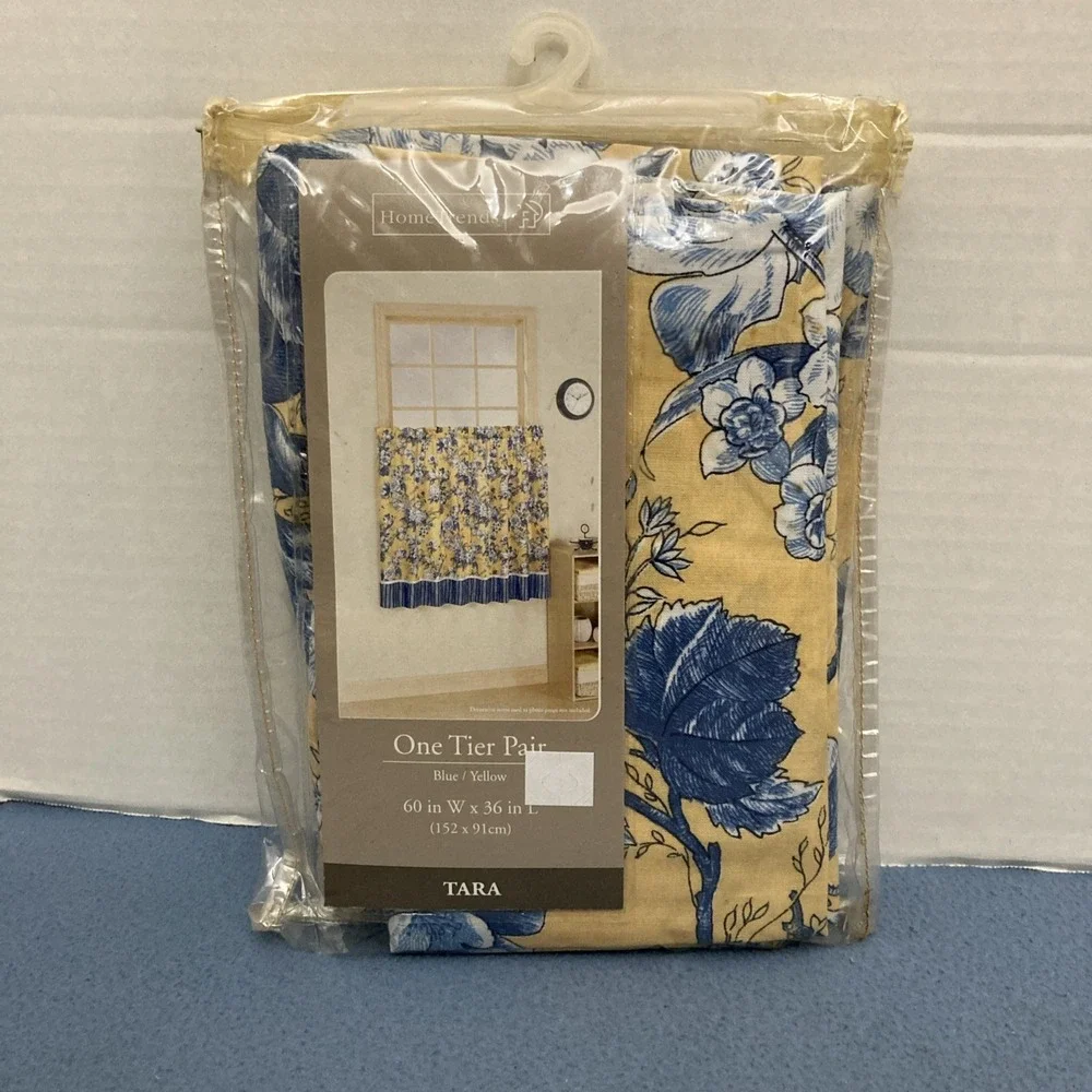Home Trends Tara Yellow w/Blue Floral Pattern & Blue Stripe Bottom One Tier Pair